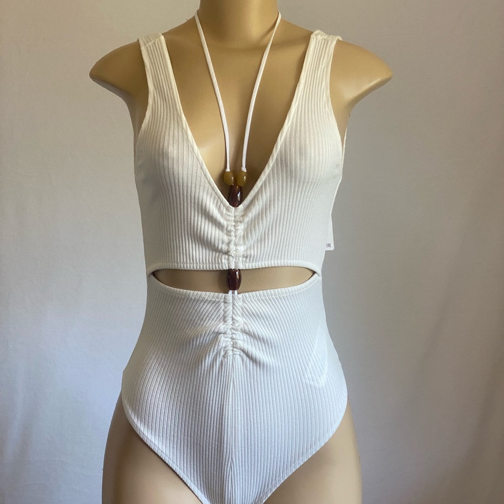 Zara White Ribbed Cutout Bodysuit